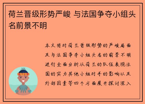 荷兰晋级形势严峻 与法国争夺小组头名前景不明