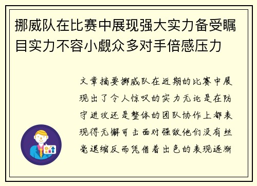 挪威队在比赛中展现强大实力备受瞩目实力不容小觑众多对手倍感压力