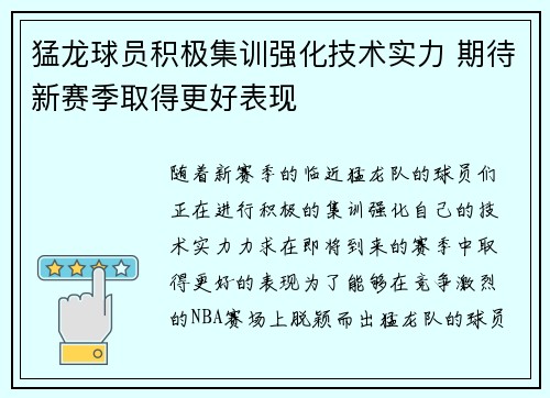 猛龙球员积极集训强化技术实力 期待新赛季取得更好表现