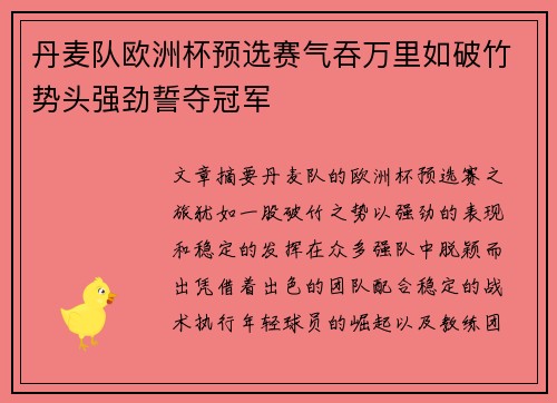 丹麦队欧洲杯预选赛气吞万里如破竹势头强劲誓夺冠军