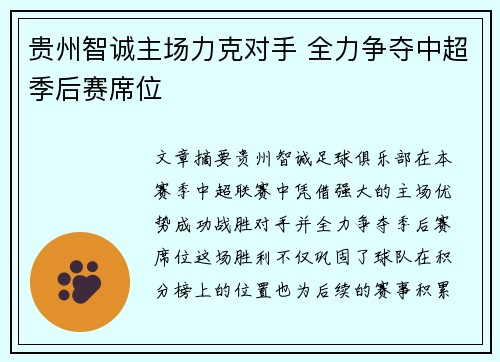 贵州智诚主场力克对手 全力争夺中超季后赛席位