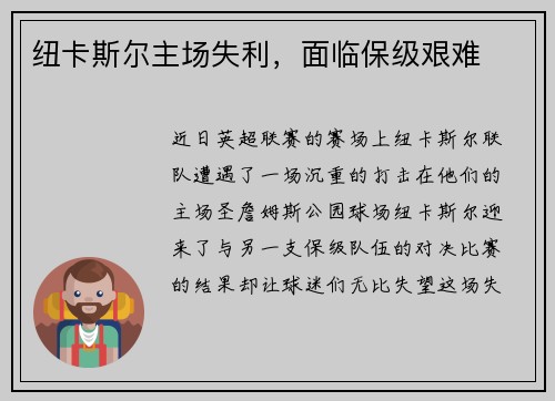 纽卡斯尔主场失利，面临保级艰难