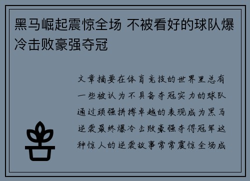 黑马崛起震惊全场 不被看好的球队爆冷击败豪强夺冠
